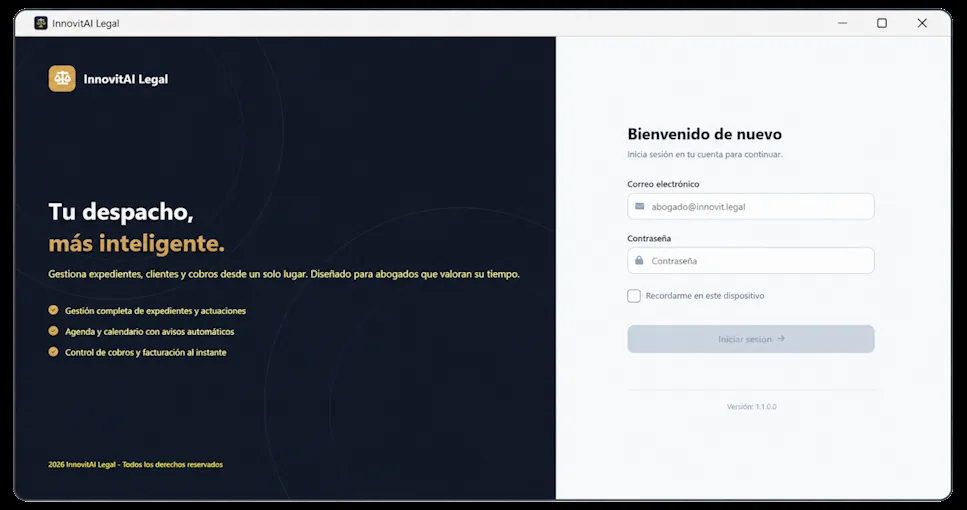 Pantalla de InnovitAI Legal, la aplicación de gestión del despacho de abogados